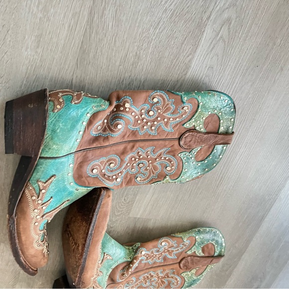 Ferrini Leather Western Boots Turquoise Brown Pointed Toe Studded – Women’s 7.5 - Picture 7 of 14